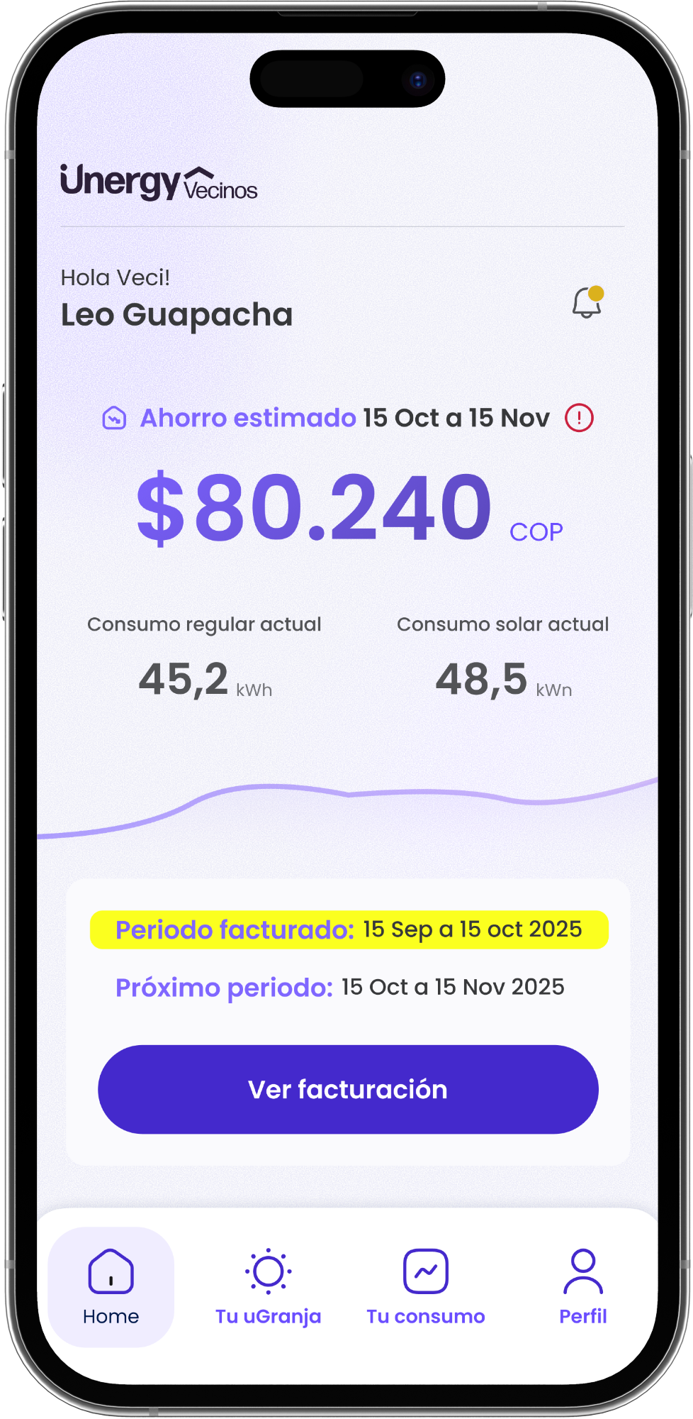 App Unergy Vecinos mostrando el ahorro en tu factura